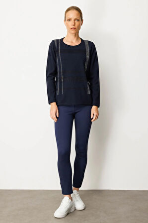 Kadın Sıfır Yaka Sim Çizgili Taşlı Yün Bluz K.Lacivert