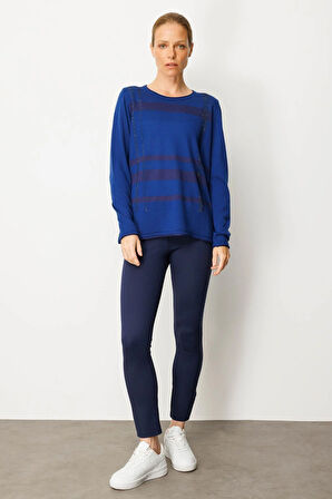 Kadın Sıfır Yaka Sim Çizgili Taşlı Yün Bluz K.S.Mavi