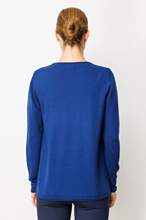 Kadın Sıfır Yaka Sim Çizgili Taşlı Yün Bluz K.S.Mavi