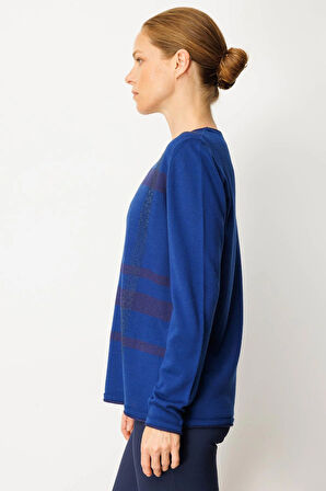 Kadın Sıfır Yaka Sim Çizgili Taşlı Yün Bluz K.S.Mavi