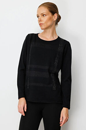 Kadın Sıfır Yaka Sim Çizgili Taşlı Yün Bluz Siyah