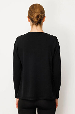 Kadın Sıfır Yaka Sim Çizgili Taşlı Yün Bluz Siyah