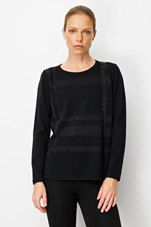 Kadın Sıfır Yaka Sim Çizgili Taşlı Yün Bluz Siyah