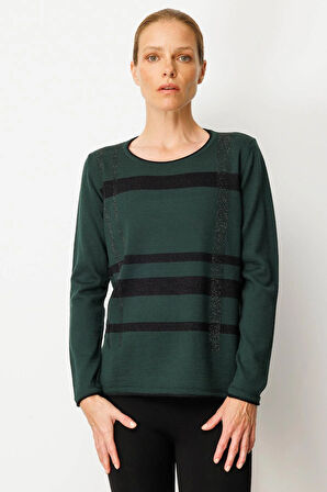Kadın Sıfır Yaka Sim Çizgili Taşlı Yün Bluz Yeşil