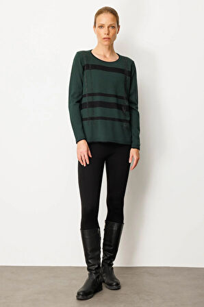 Kadın Sıfır Yaka Sim Çizgili Taşlı Yün Bluz Yeşil