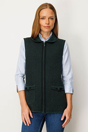 Kadın Polo Yaka Yakası Nakış İşlemeli Yün Yelek Yeşil