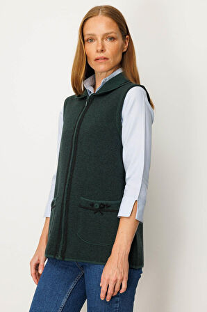 Kadın Polo Yaka Yakası Nakış İşlemeli Yün Yelek Yeşil