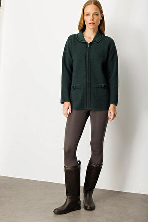 Kadın Polo Yaka Cebi Nakış İşlemeli Yün Hırka Yeşil