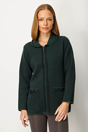 Kadın Polo Yaka Cebi Nakış İşlemeli Yün Hırka Yeşil