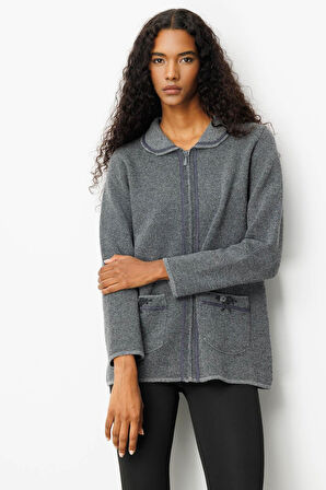 Kadın Polo Yaka Cebi Nakış İşlemeli Yün Hırka Füme