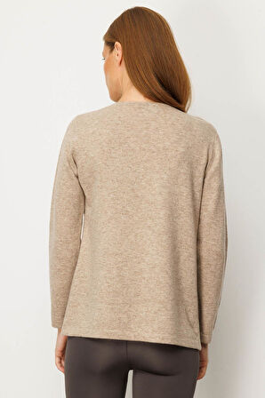 Kadın Sıfır Yaka Yaka Kenarı İşlemeli Yün Bluz K.Bej