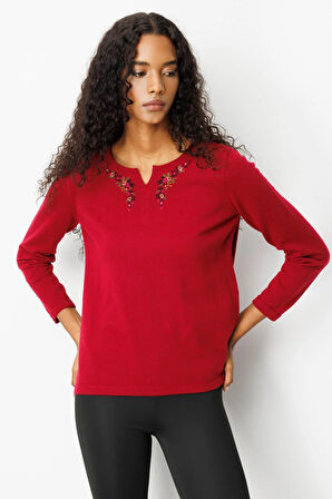 Kadın Sıfır Yaka Yaka Kenarı İşlemeli Yün Bluz V.Çürüğü