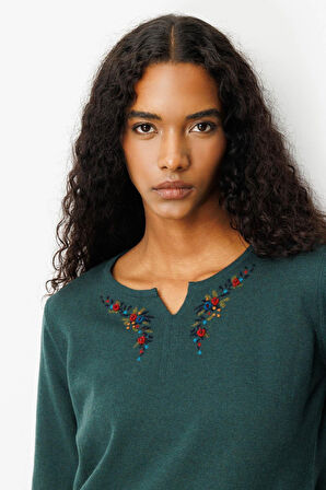 Kadın Sıfır Yaka Yaka Kenarı İşlemeli Yün Bluz Yeşil