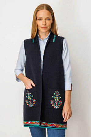 Kadın Polo Yaka Etek Ucu Kilim Desenli Uzun Yün Yelek K.Lacivert