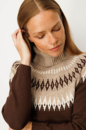 Kadın Tam Balıkçı Yaka Robası Baklavalı Yün Kazak M.Kahve