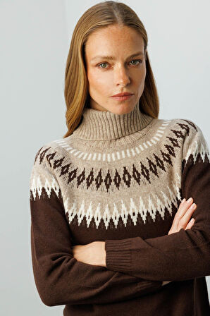 Kadın Tam Balıkçı Yaka Robası Baklavalı Yün Kazak M.Kahve