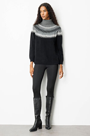 Kadın Tam Balıkçı Yaka Robası Baklavalı Yün Kazak Siyah