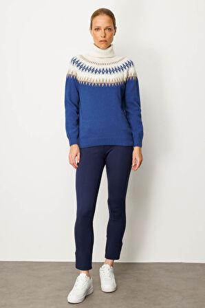 Kadın Tam Balıkçı Yaka Robası Baklavalı Yün Kazak Mavi