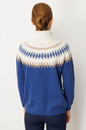 Kadın Tam Balıkçı Yaka Robası Baklavalı Yün Kazak Mavi