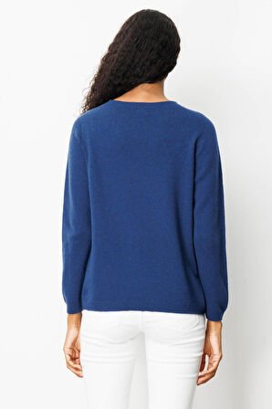 Kadın Sıfır Yaka Omuzu İşlemeli Yün Kazak İndigo