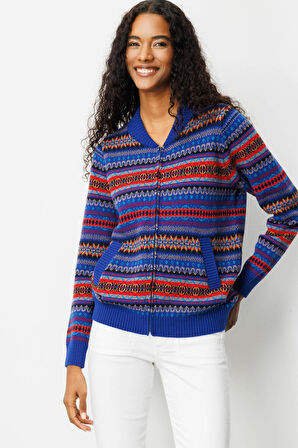 Kadın Hakim Yaka Jakarlı Yün Hırka K.S.Mavi