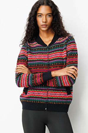 Kadın Hakim Yaka Jakarlı Yün Hırka Siyah