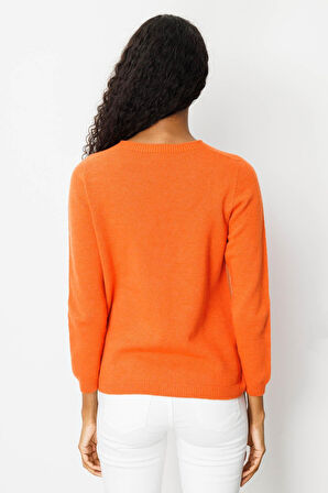 Kadın Sıfır Yaka Kartanesi İşlemeli Yün Kazak Portakal