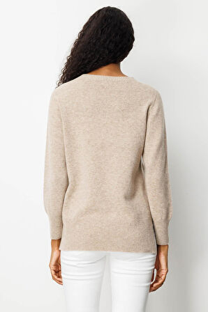 Kadın Sıfır Yaka Yanı Yırtmaçlı Yün Kazak K.Bej