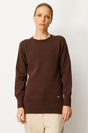 Kadın Sıfır Yaka Yanı Yırtmaçlı Yün Kazak M.Kahve