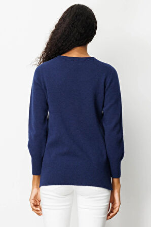 Kadın Sıfır Yaka Yanı Yırtmaçlı Yün Kazak Y.A Lacivert