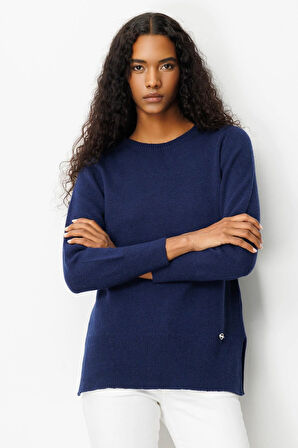 Kadın Sıfır Yaka Yanı Yırtmaçlı Yün Kazak Y.A Lacivert