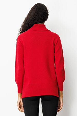 Kadın Tam Balıkçı Yaka Yanı Yırtmaçlı Yün Kazak K.Kırmızı