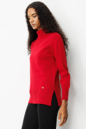 Kadın Tam Balıkçı Yaka Yanı Yırtmaçlı Yün Kazak K.Kırmızı