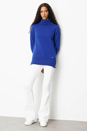 Kadın Tam Balıkçı Yaka Yanı Yırtmaçlı Yün Kazak K.Saks Mavi