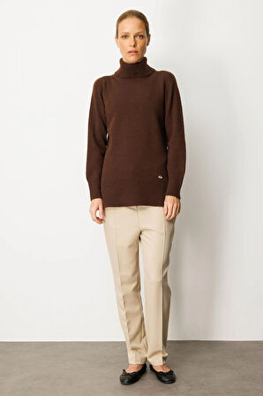 Kadın Tam Balıkçı Yaka Yanı Yırtmaçlı Yün Kazak M.Kahve