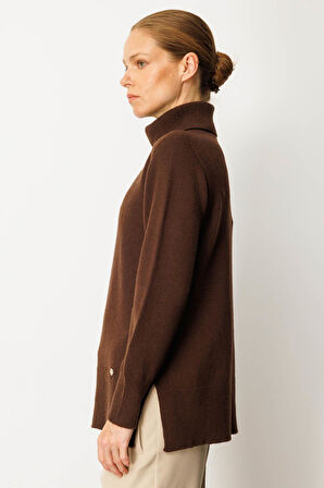 Kadın Tam Balıkçı Yaka Yanı Yırtmaçlı Yün Kazak M.Kahve