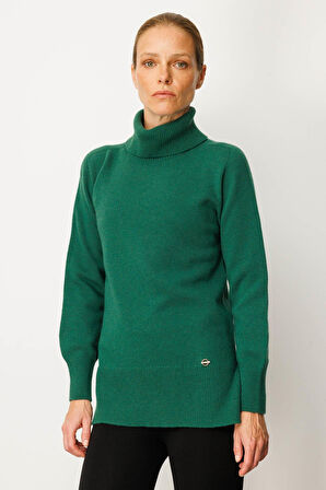 Kadın Tam Balıkçı Yaka Yanı Yırtmaçlı Yün Kazak Ö.Başı