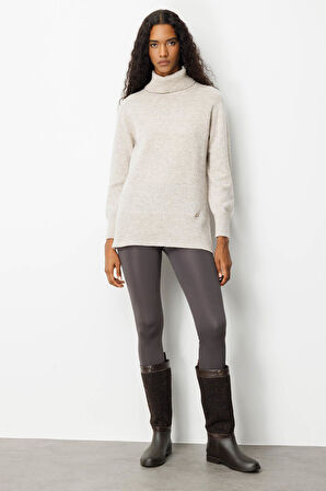 Kadın Tam Balıkçı Yaka Yanı Yırtmaçlı Yün Kazak V.Bej