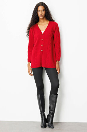 Kadın V Yaka Saç Örgülü Uzun Yün Hırka K.Kırmızı