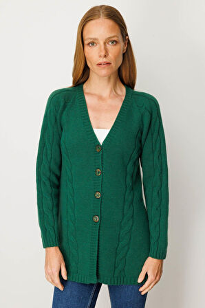 Kadın V Yaka Saç Örgülü Uzun Yün Hırka Ö.Başı