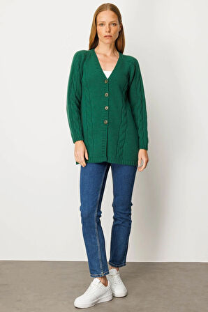 Kadın V Yaka Saç Örgülü Uzun Yün Hırka Ö.Başı