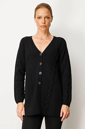 Kadın V Yaka Saç Örgülü Uzun Yün Hırka Siyah