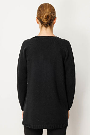 Kadın V Yaka Saç Örgülü Uzun Yün Hırka Siyah