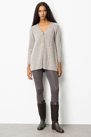 Kadın V Yaka Saç Örgülü Uzun Yün Hırka Vizon