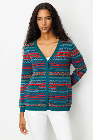 Kadın V Yaka Jakarlı Yün Hırka K.Ö.başı