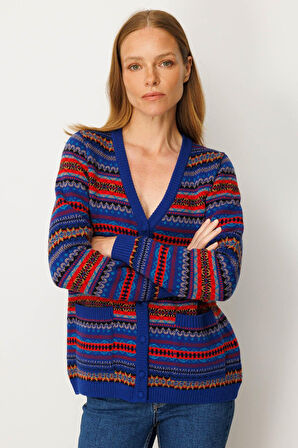 Kadın V Yaka Jakarlı Yün Hırka K.S.Mavi