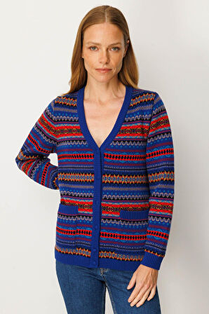 Kadın V Yaka Jakarlı Yün Hırka K.S.Mavi