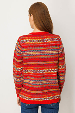 Kadın V Yaka Jakarlı Yün Hırka Mercan