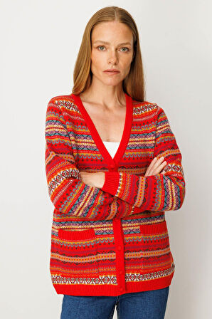 Kadın V Yaka Jakarlı Yün Hırka Mercan