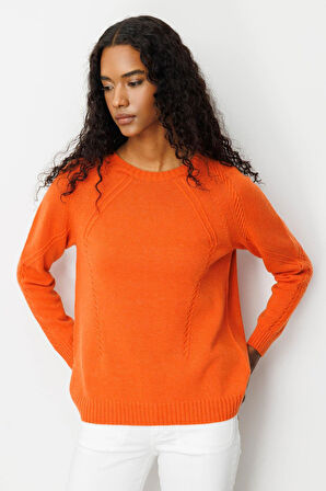 Kadın Sıfır Yaka Önü ve Kol Ortası Saç Örgü Yün Kazak Portakal